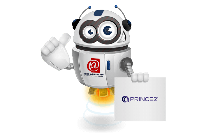 Buddy de mascotte die een bord met het Prince2 logo vastheeft
