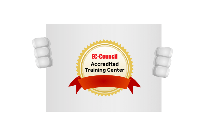 Buddy de mascotte die een bord met het EC-Council authorisatie logo vastheeft